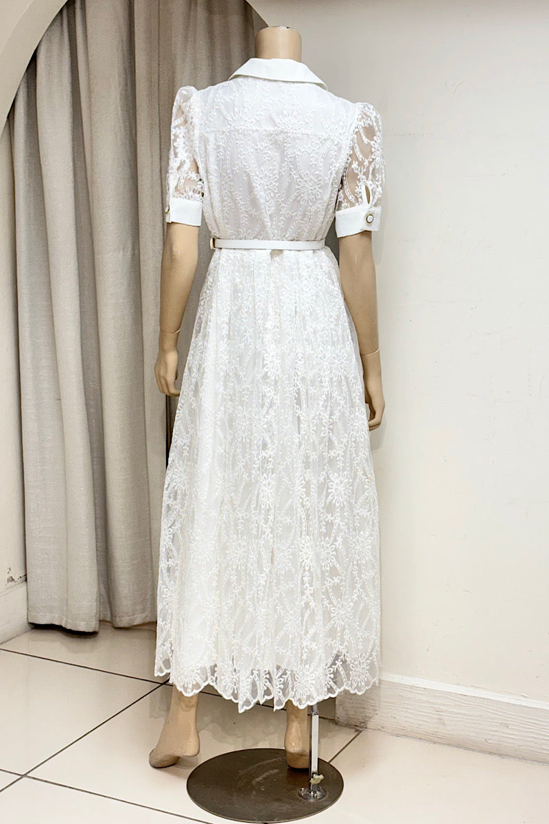 Collared Floral Lace Belted Maxi Dress