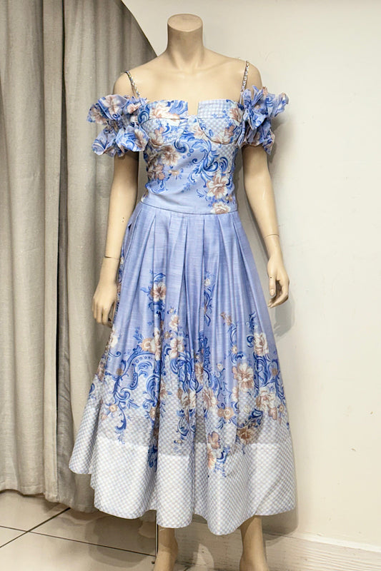 Chain Strap Off-Shoulder Fit-and-Flare Midi Dress