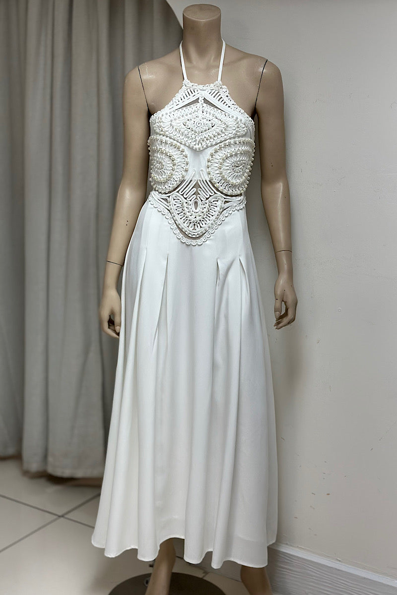 Embroidered Halter Flowy Midi Dress