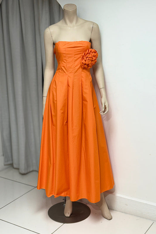 Pleated Tube Flower Pin Midi Dress