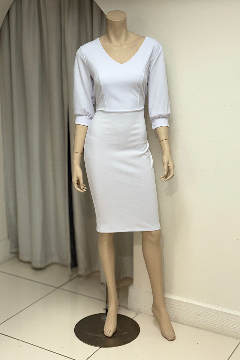 Fitted V-Neck Split Puff Sleeve Dress