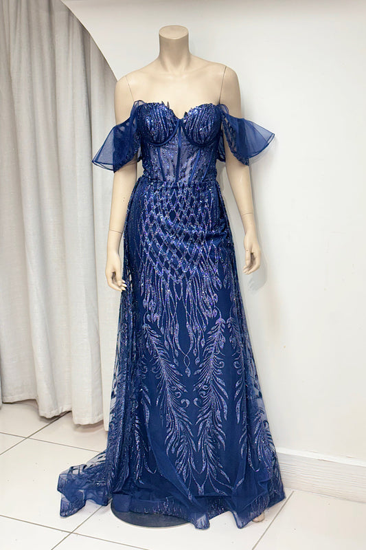 Sheer Sleeve Off-Shoulder Corset Sequin Formal