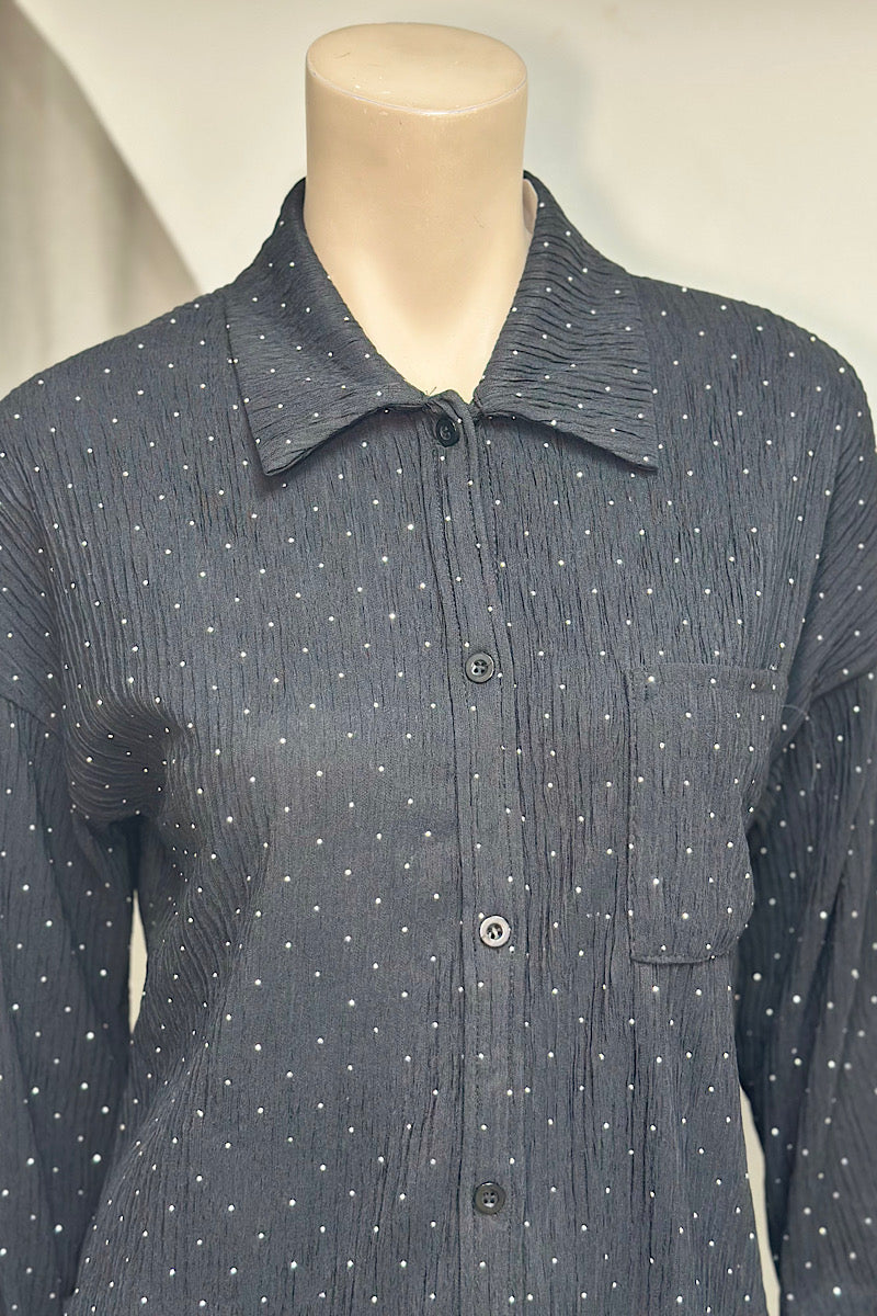 Rhinestone Plisse Button Down Set