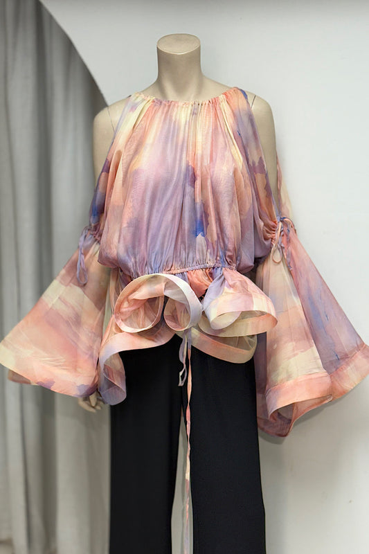 Watercolor Flounce Tie-Sleeve Top