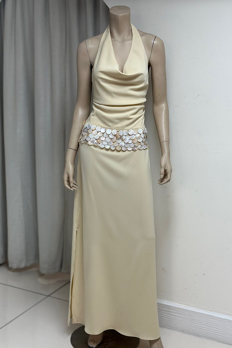 Shell Decorated Fitted Halter Dress