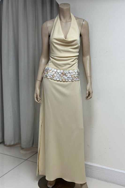 Shell Decorated Fitted Halter Dress