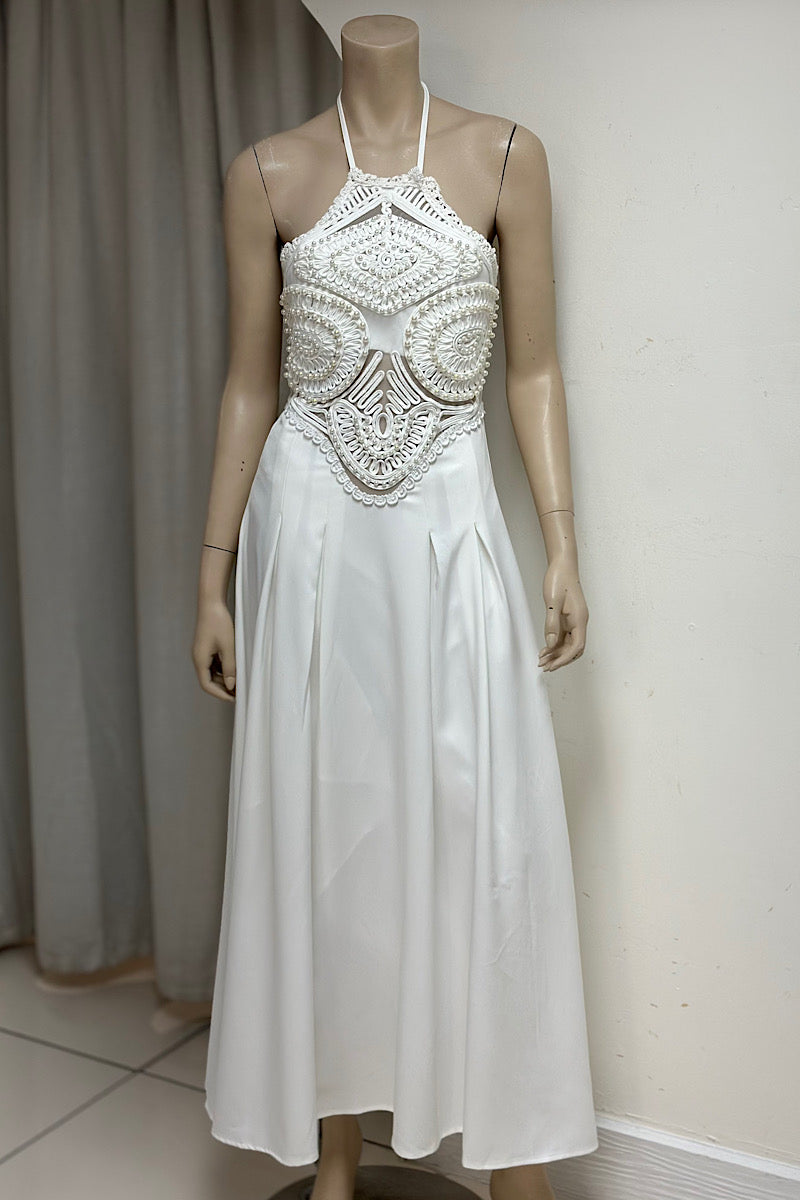 Embroidered Halter Flowy Midi Dress