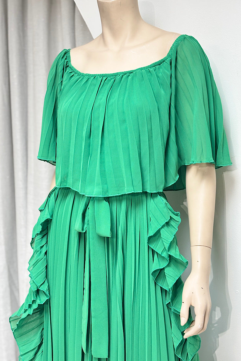 Pleated Off-Shoulder Flowy Midi Dress