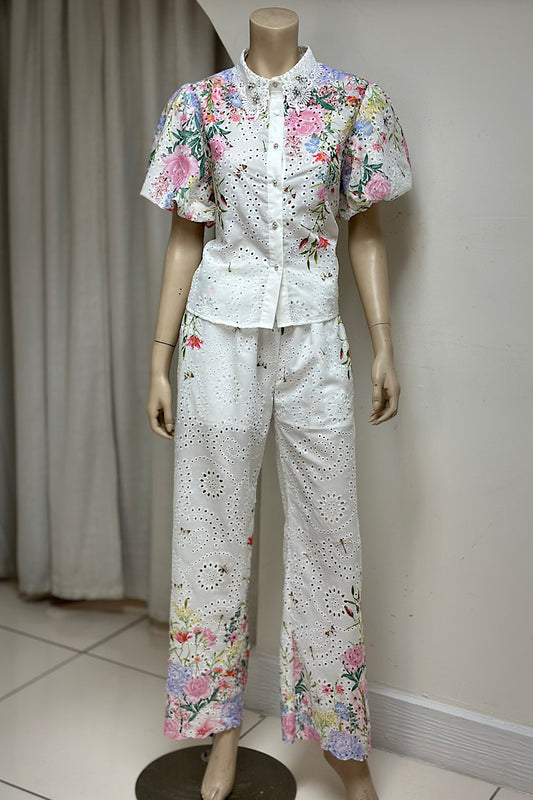 Beaded Collar Floral Eyelet Pant Set