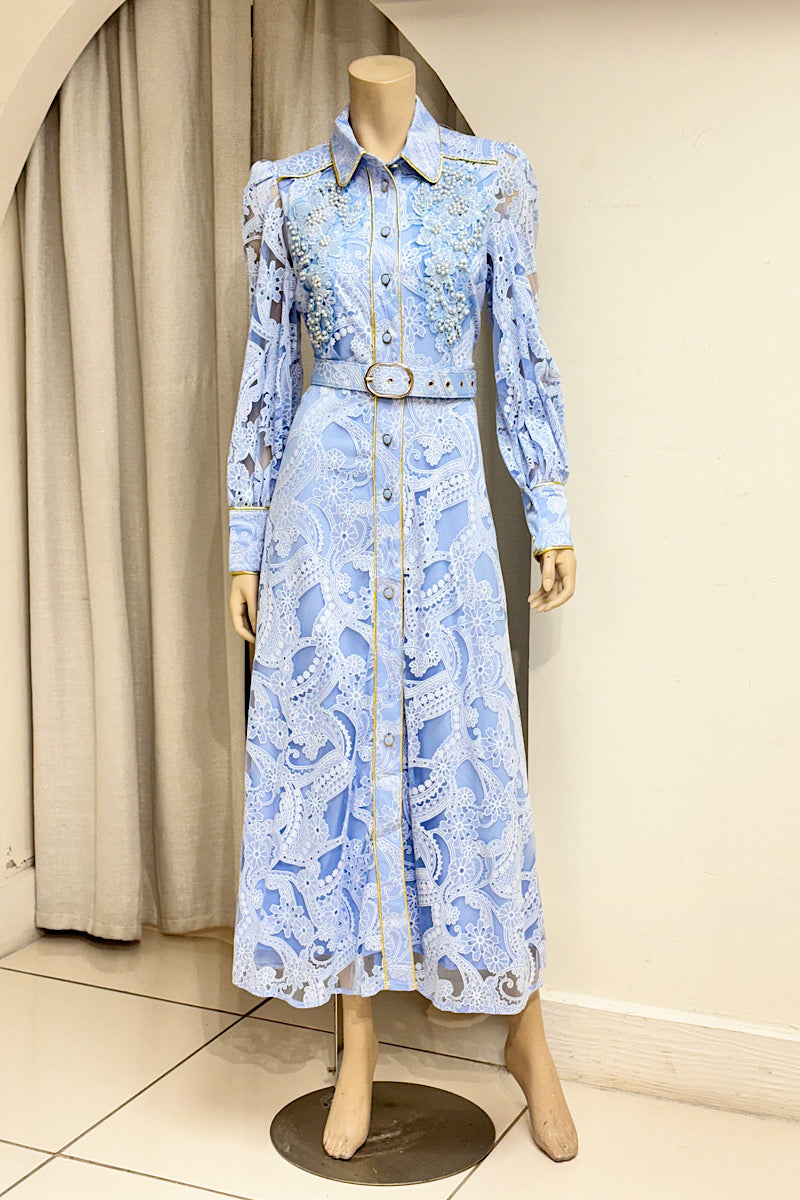 Beaded Pearl Embellished Belted Midi Dress