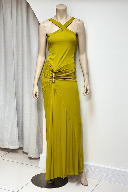 Crisscross Gold Detail Fitted Maxi Dress