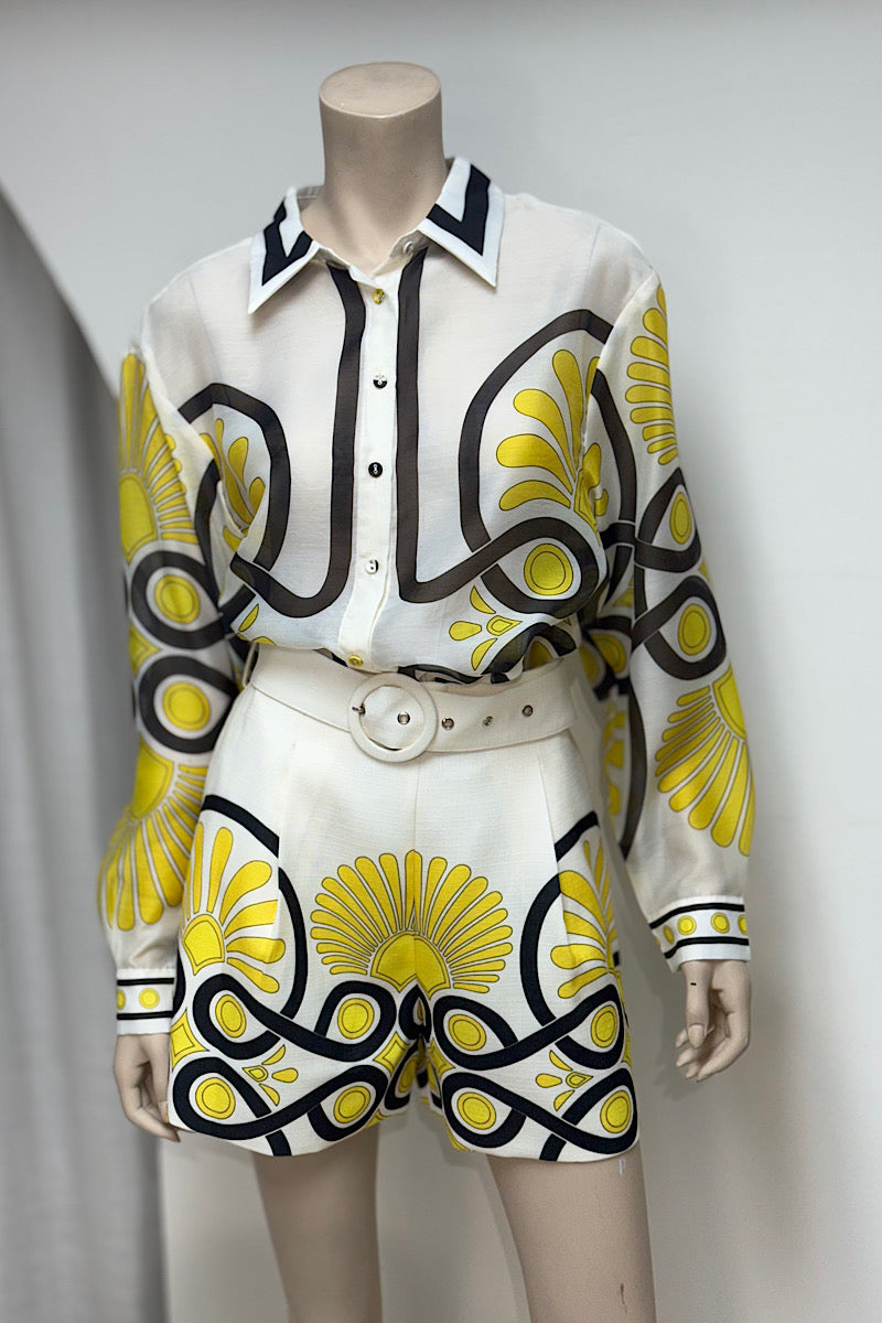 Sheer Top Printed Linen Short Pant Set