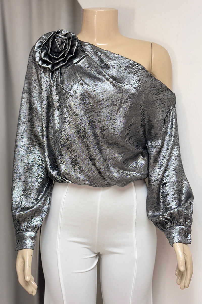 Metallic Rosette Slant Shoulder Top