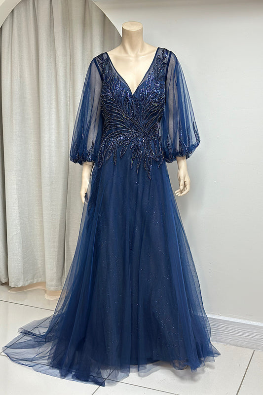 Beaded Long Sleeve Shimmer Formal Dress