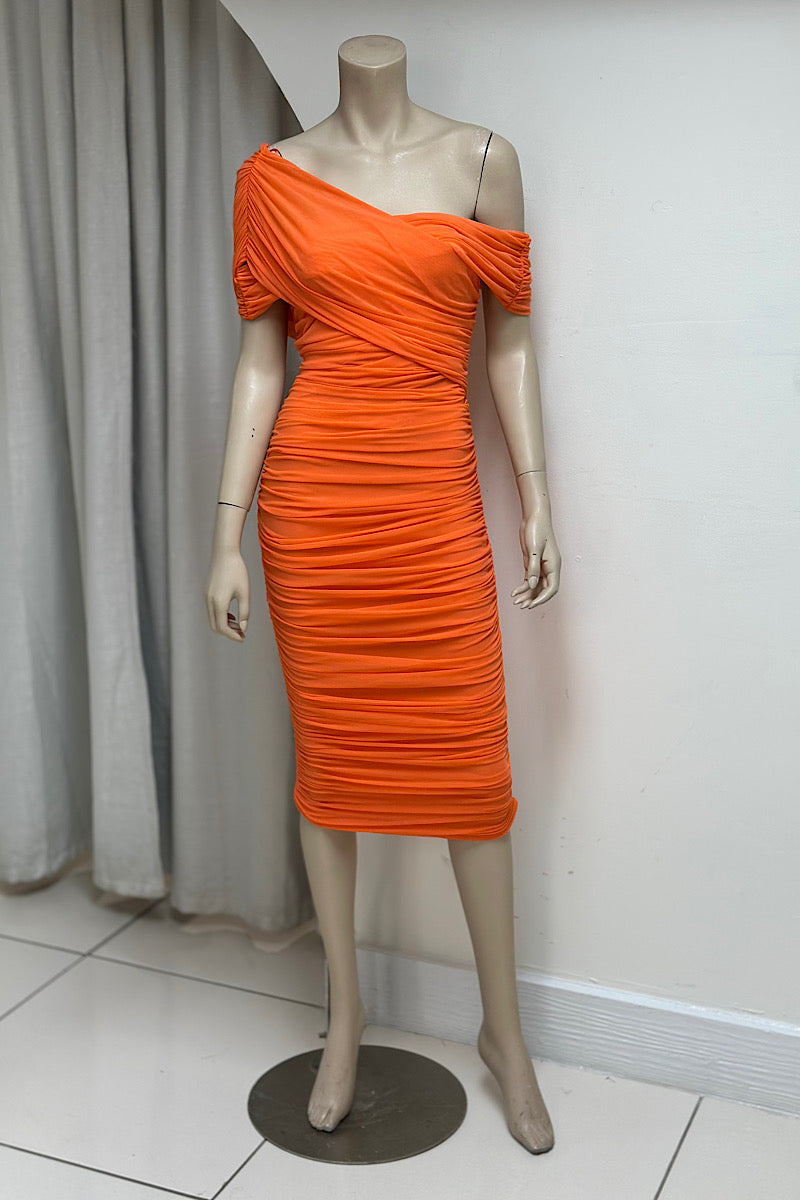 Off One-Shoulder Ruched Sash Dress