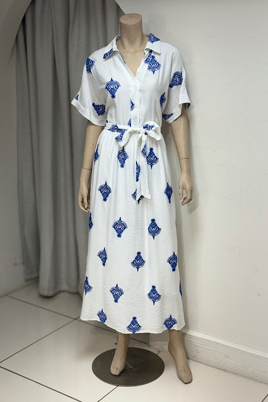 V-Neck Embroidered Belted Midi Dress