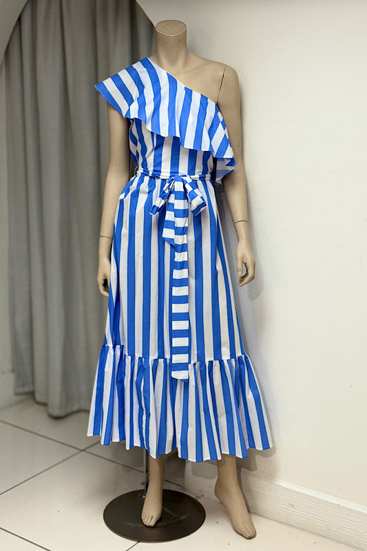 One Shoulder Striped Flare Dress