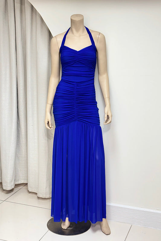 Tie-Neck Halter Fitted Ruched Maxi