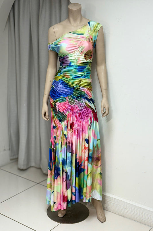 Ruched Flowy Multicolor Maxi Dress