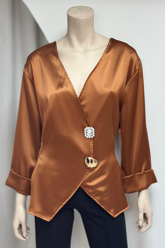 Satin V Neck Gold Detail Shirt