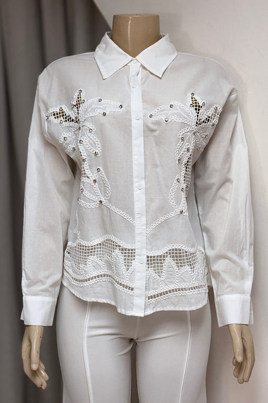 Cotton Bejeweled Button-Down Top