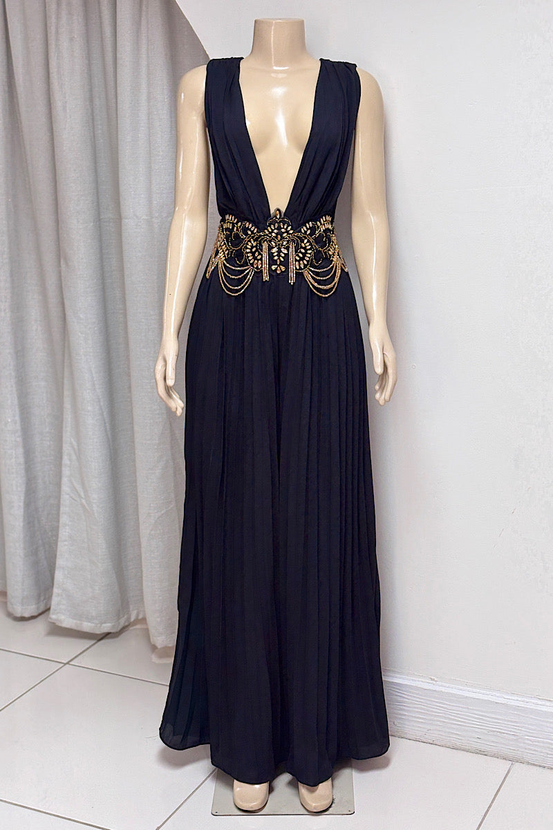 Pleated V-Neck Jeweled Jumpsuit