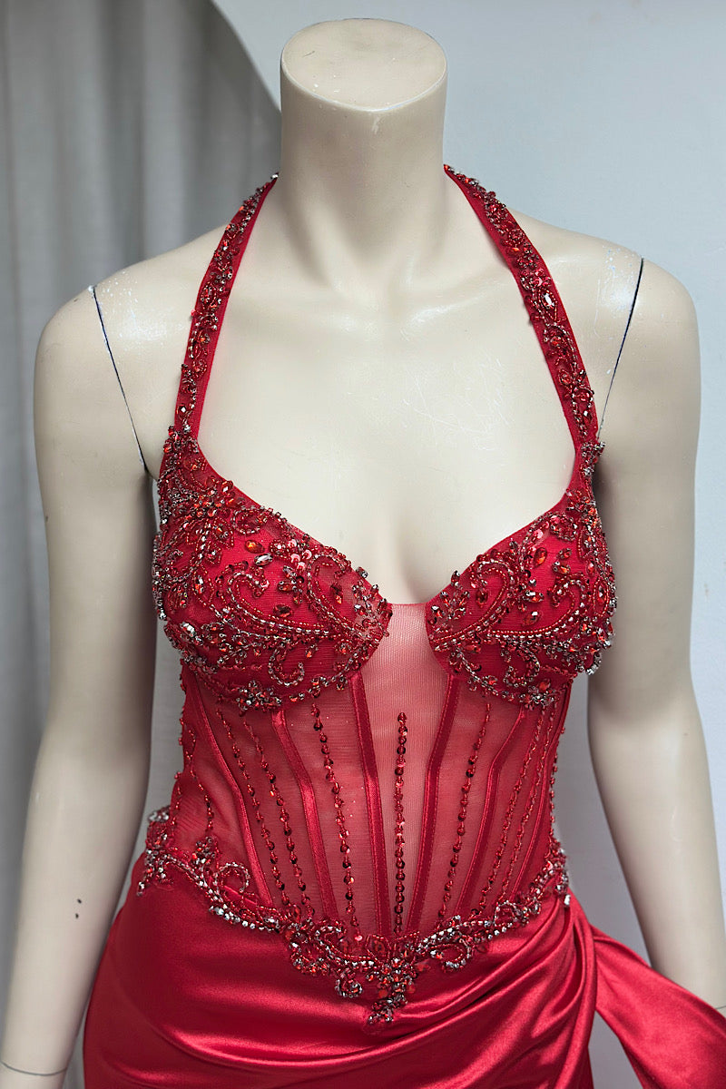Halter High Split Beaded Corset Formal