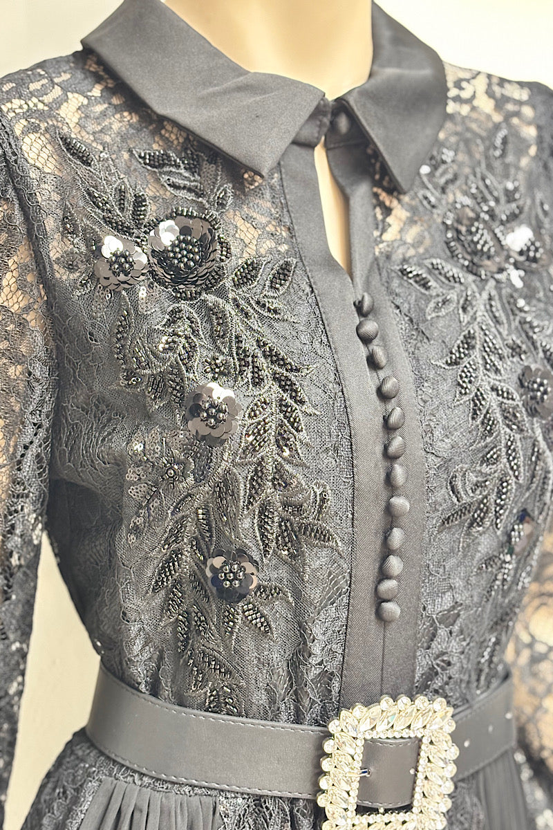 Collared Lace Embellished Tea-Length Dress