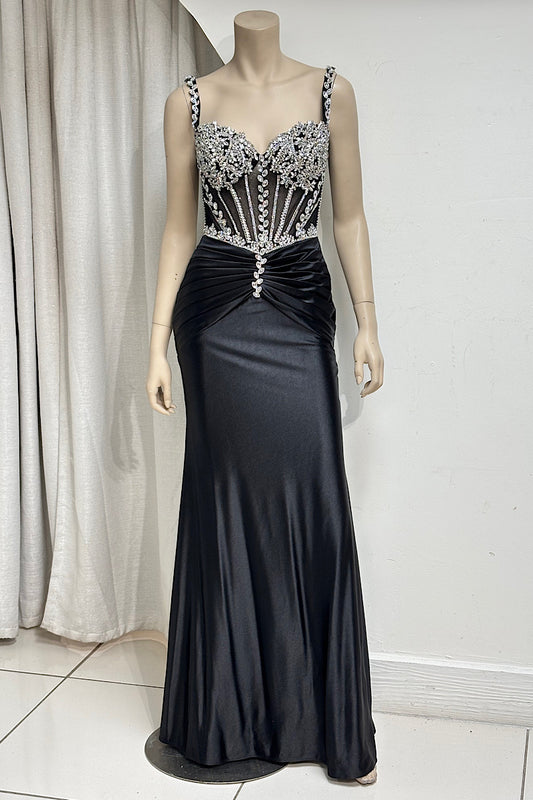 Sheer Rhinestone Bodice Fitted Satin Formal