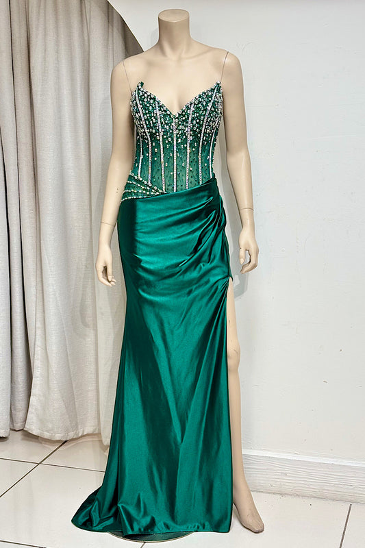 Sheer Rhinestone Bodice Satin Formal