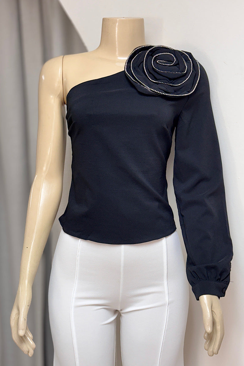 Rosette One-Shoulder Long Sleeve Top