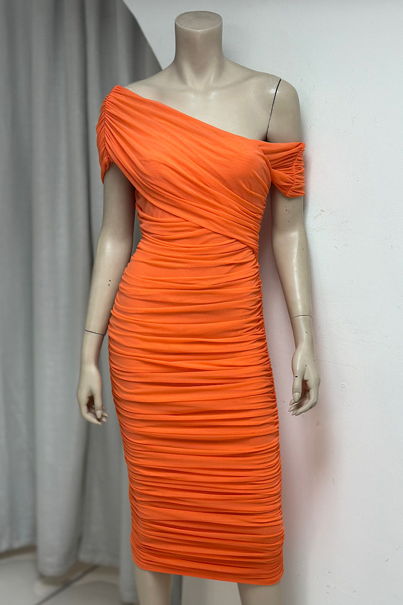 Off One-Shoulder Ruched Sash Dress
