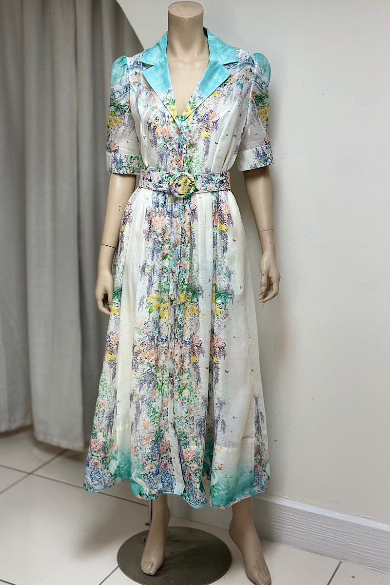 V-Neck Collared Floral Tea-Length Dress