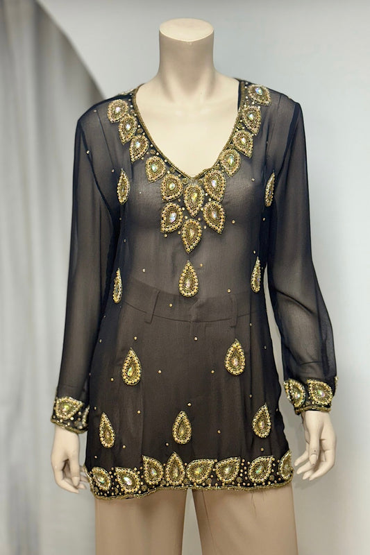 Beaded Rhinestone V-Neck Tunic