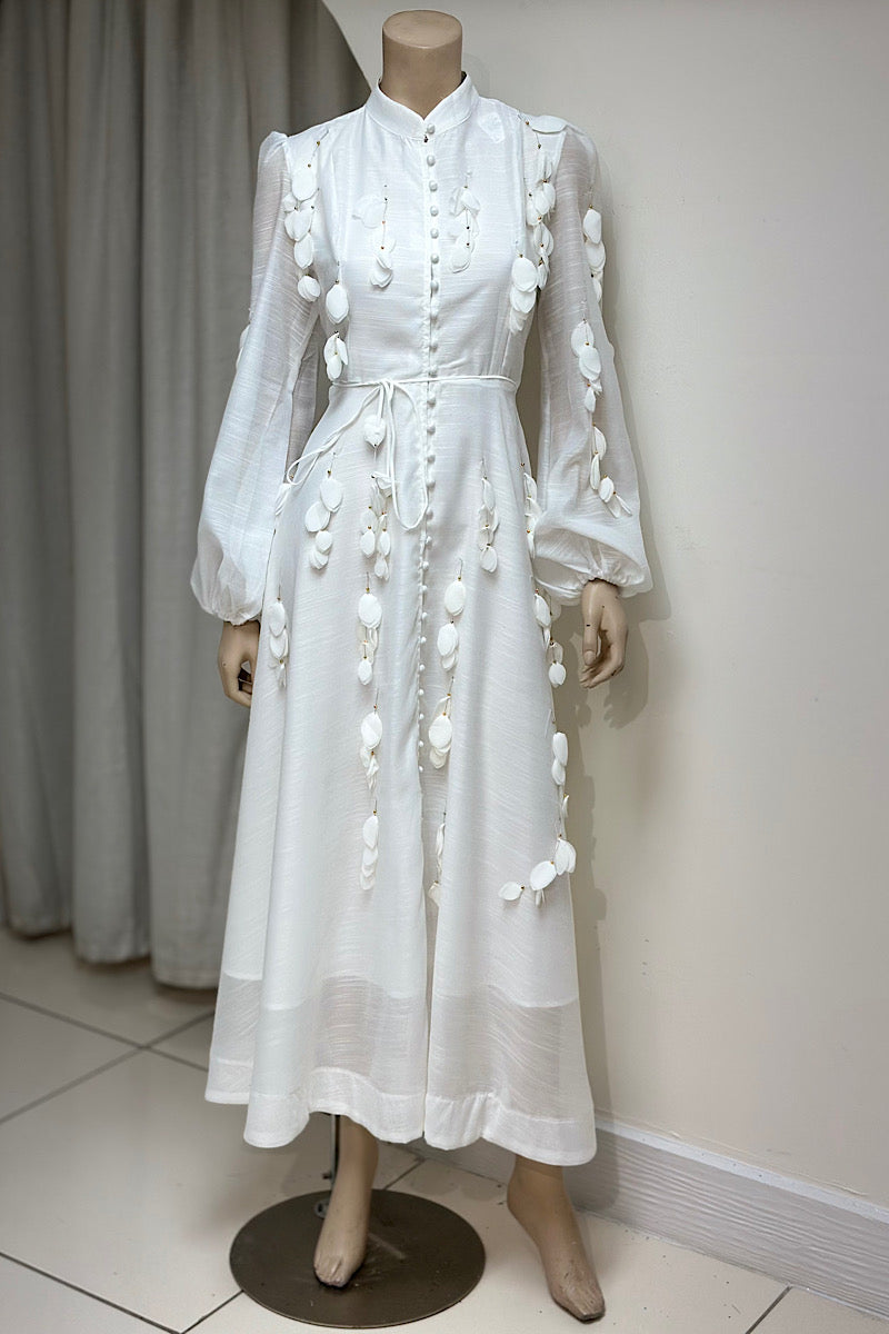 Petal Applique High-Neck Tea-Length Dress