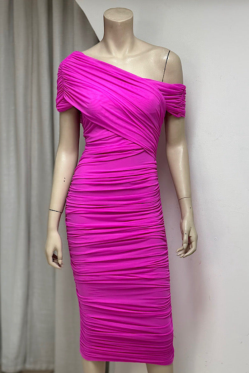 Off One-Shoulder Ruched Sash Dress