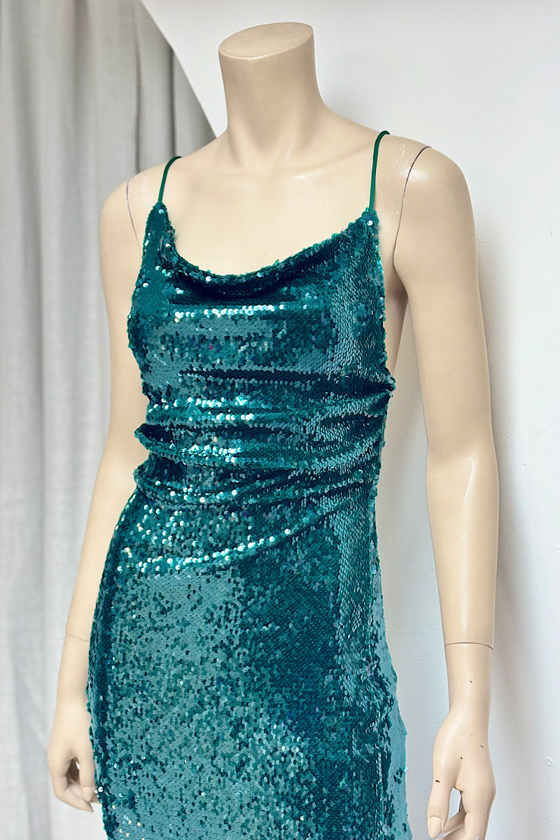 Cowl Neck Sleeveless Sequin Fitted Formal