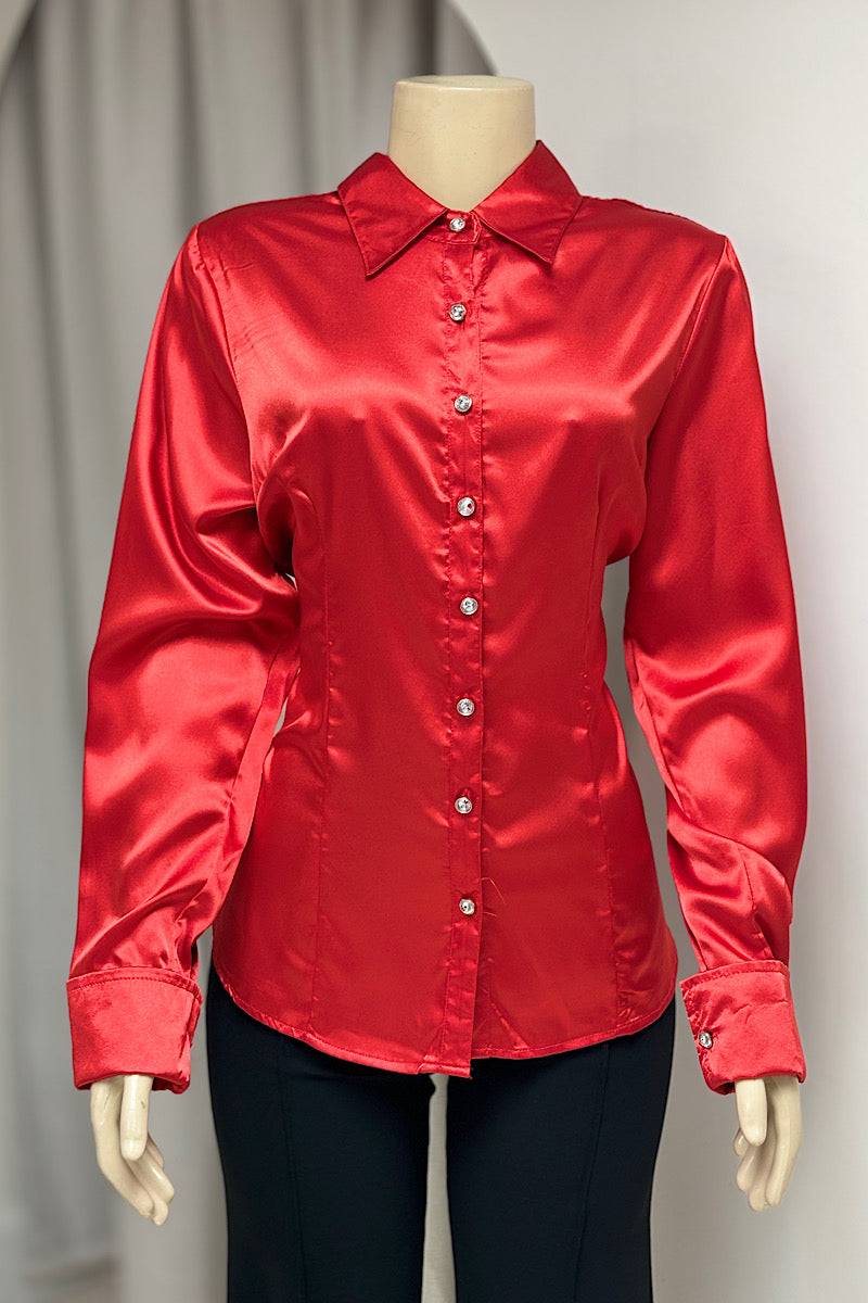 Red Curvy Satin Button Down