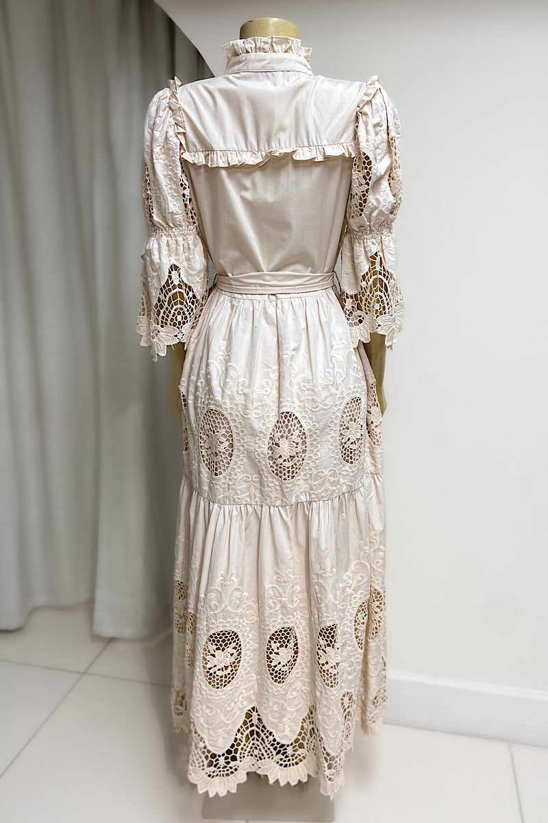 Beige Pleated Lace Dress