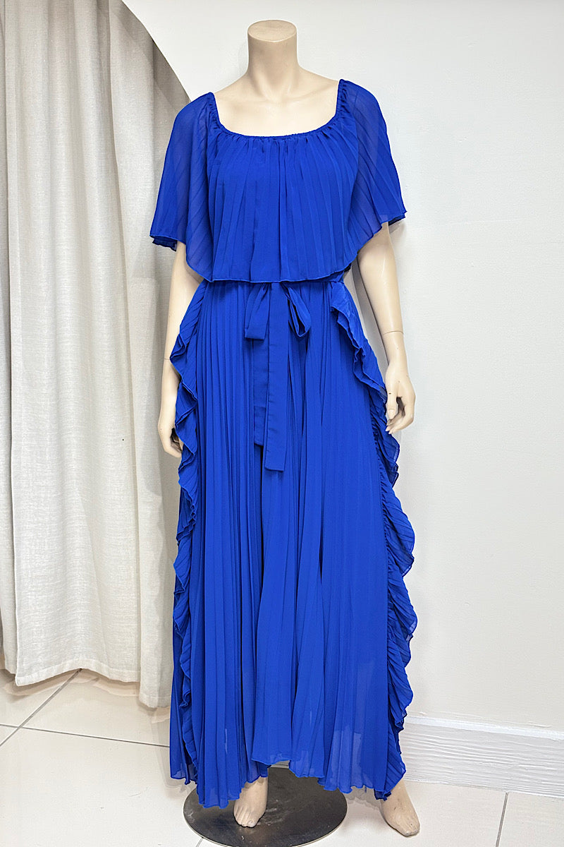 Pleated Off-Shoulder Flowy Midi Dress