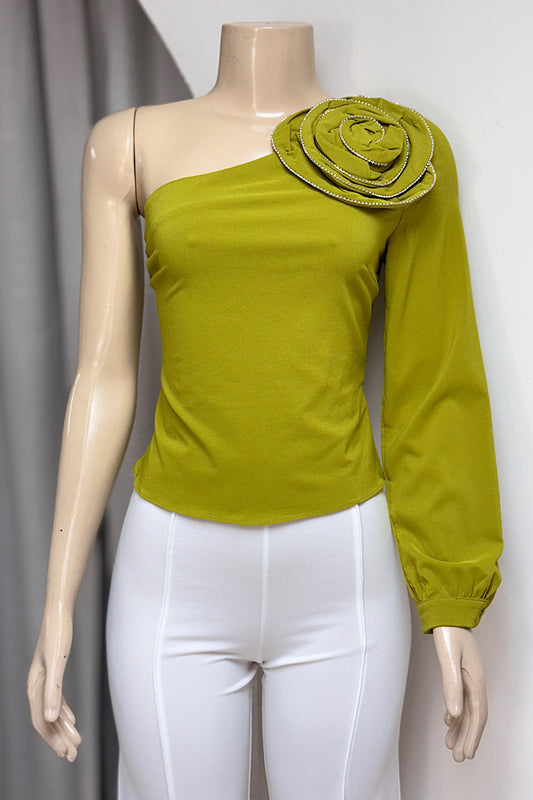 Rosette One-Shoulder Long Sleeve Top