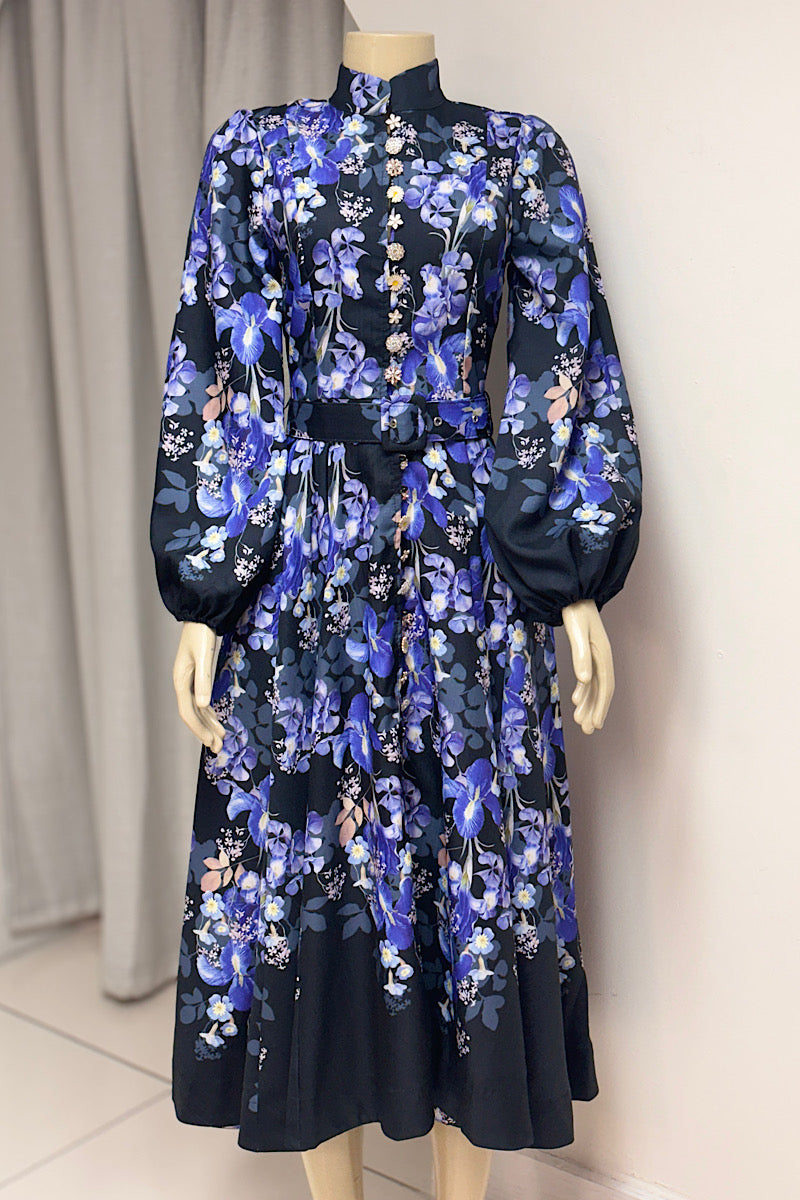 Floral Print High Neck Belted Dress