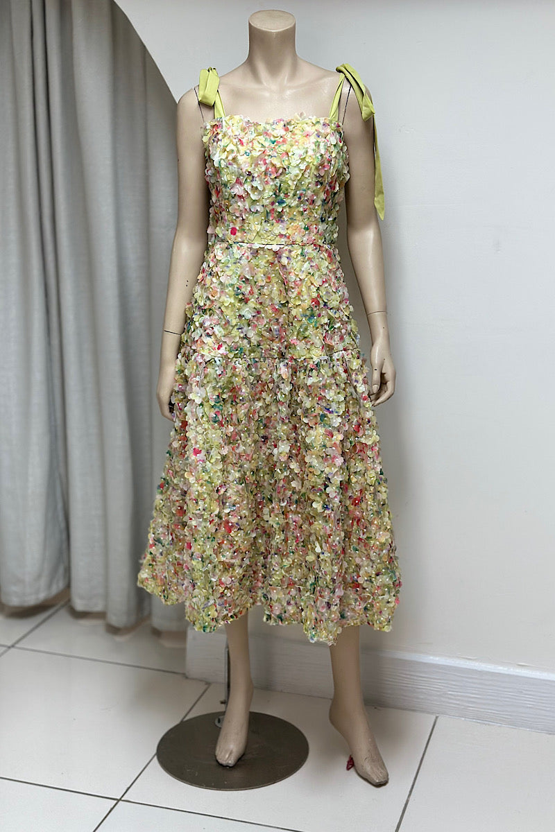 Tie-Detail Flower Applique Midi Dress