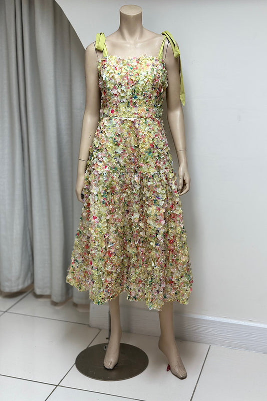 Tie-Detail Flower Applique Midi Dress