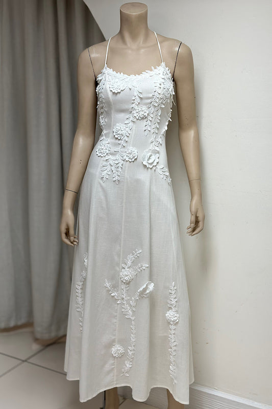 Drawstring Back Embroidered Midi Dress