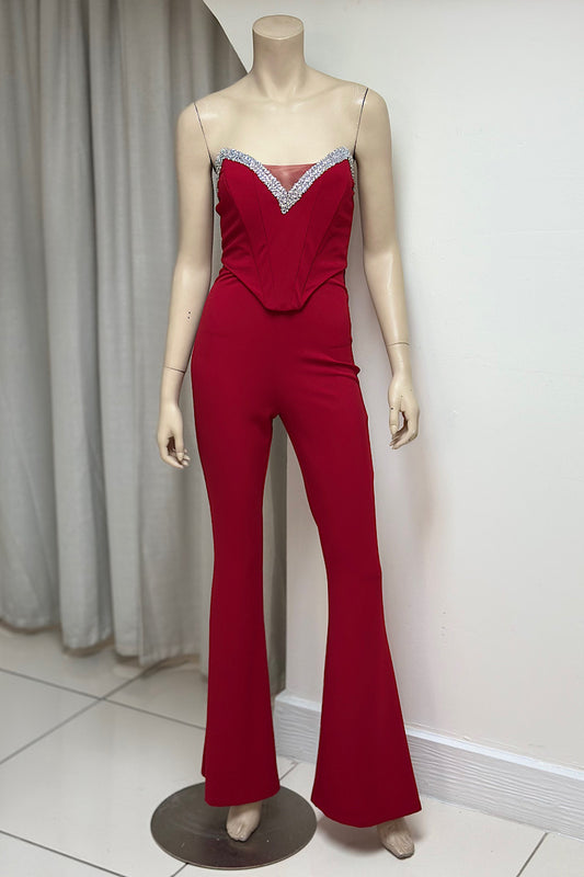 Strapless Corset Rhinestone Detail Jumpsuit