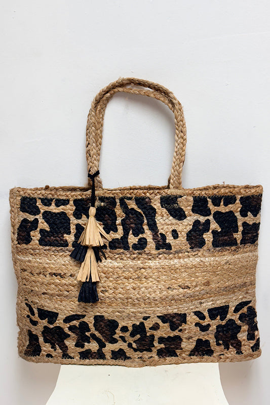 Large Leopard Print Straw Bag