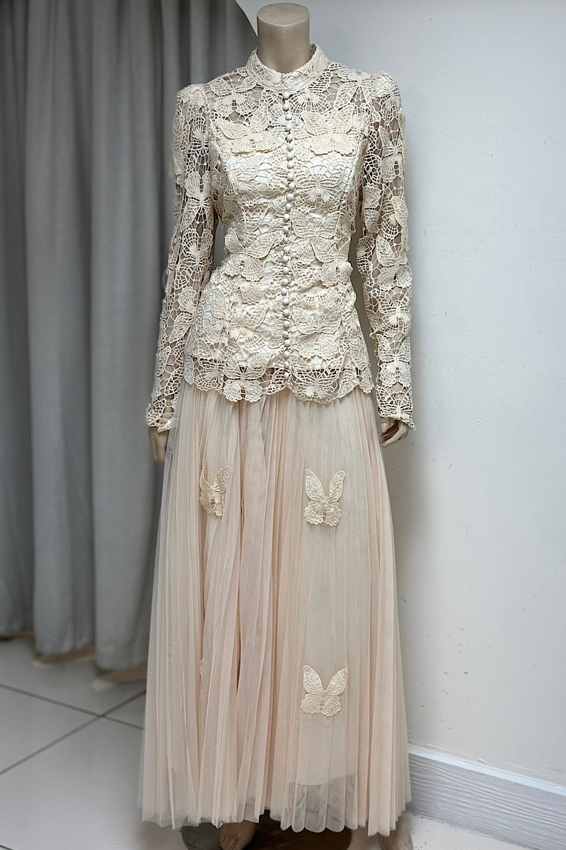 Lace Butterfly Pleated Skirt Set