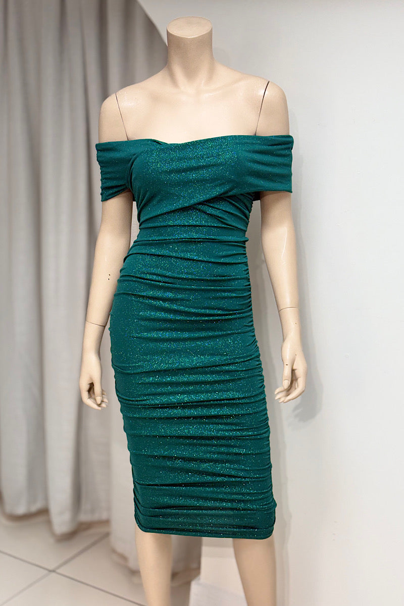 Off-Shoulder Shimmer Ruched Dress