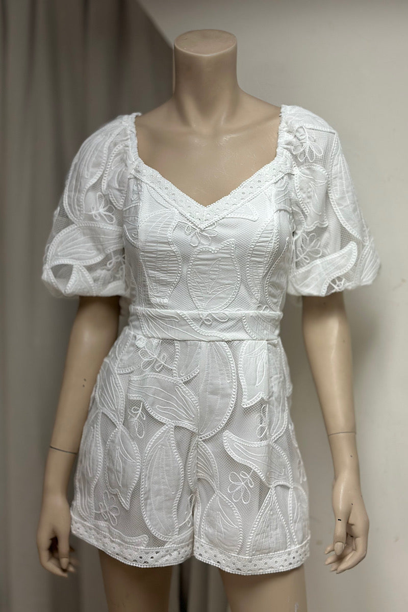 Embroidered Puff Sleeve Romper